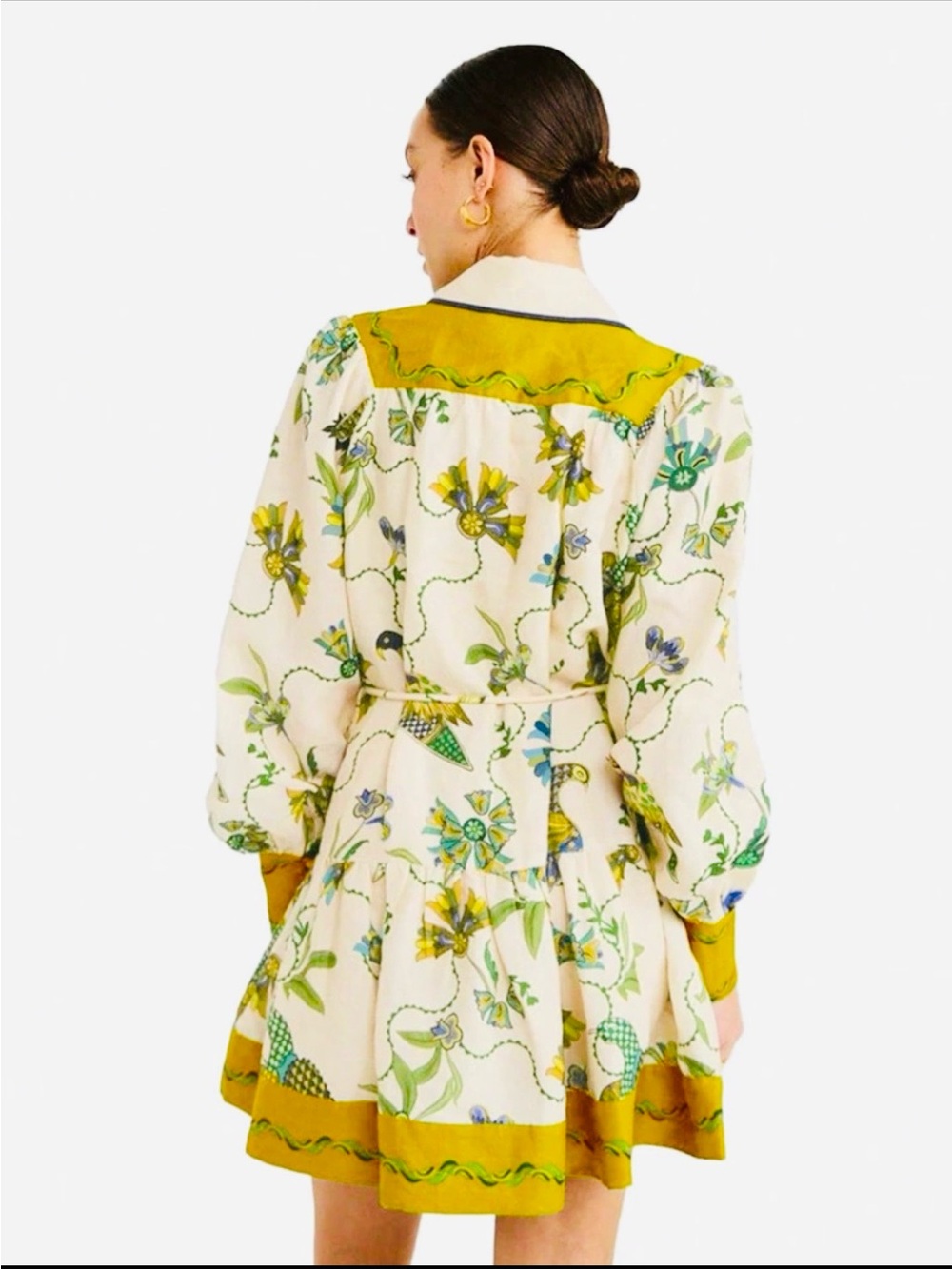 Bohemian Peacock Bird Print, Long Sleeve Mini Dress, Lapel Collar, XL - Picture 3 of 7